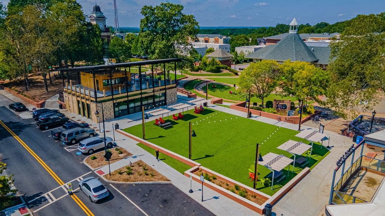 Aerial view of Downtown Duluth Town Green